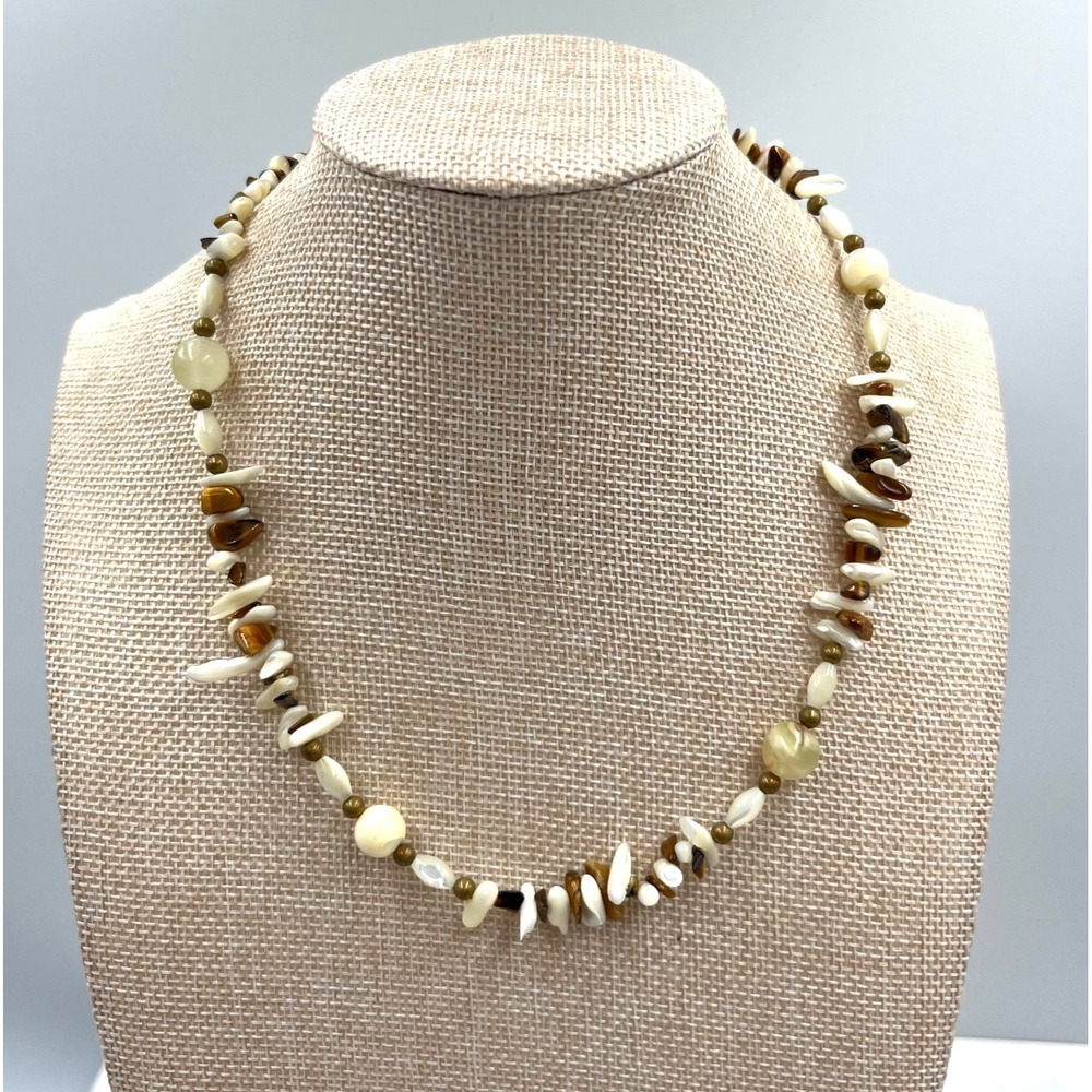 Vintage Mother of Pearl Tiger's Eye Necklace Shell Chip Beaded Boho 1970s Beach